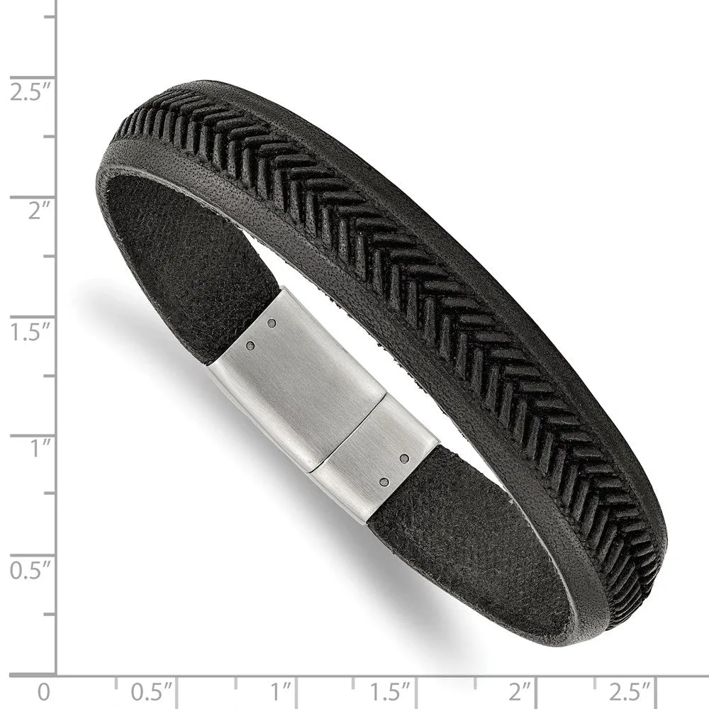 13mm Stainless Steel Black or Tan Leather Tire Tread Bracelet, 8.75 In