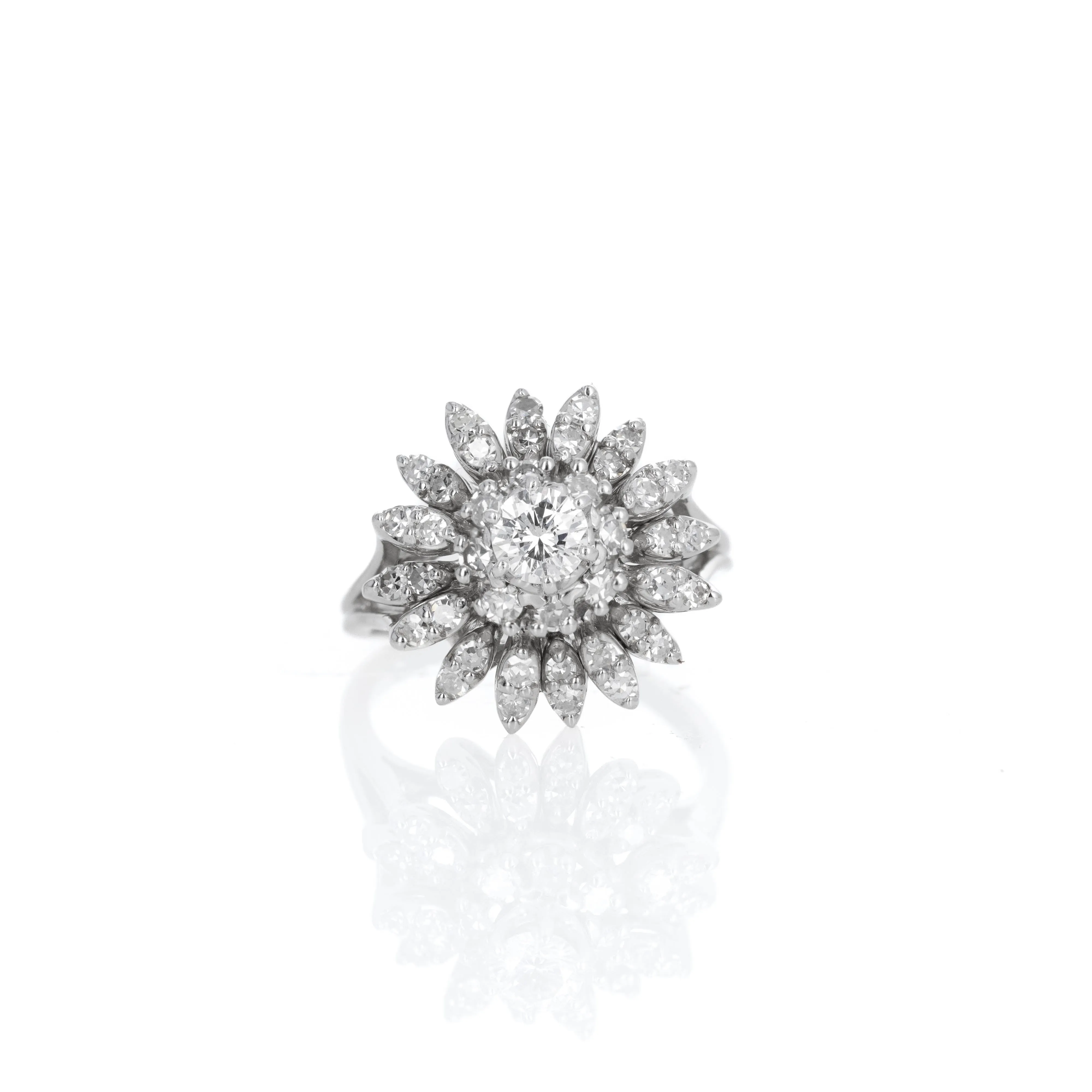 14K White Gold 1 Carat Round Diamond Starburst Cocktail Ring
