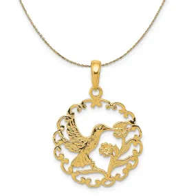 14k Yellow Gold 20mm Framed Hummingbird and Flower Necklace