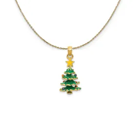 14k Yellow Gold, 3D Enameled Christmas Tree Necklace