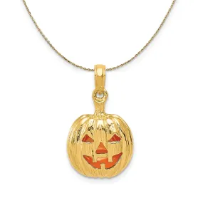 14k Yellow Gold and Enameled 3D Pumpkin Necklace