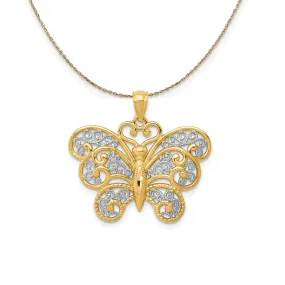 14k Yellow Gold and Rhodium Filigree Butterfly Necklace