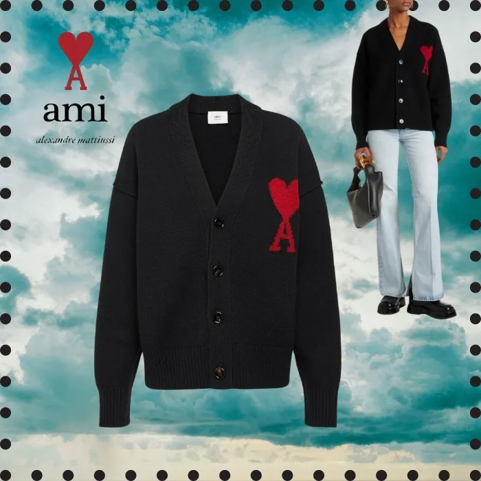 AMI PARIS  |Casual Style Wool Long Sleeves Office Style Logo Cardigans