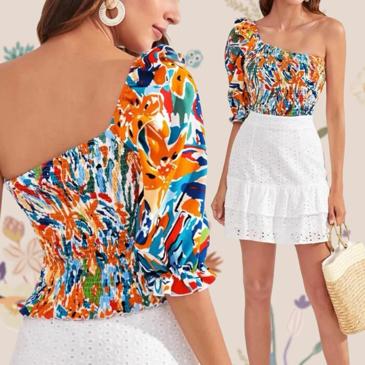 AMIHAN Printed Smocked Ruffle One Shoulder Top