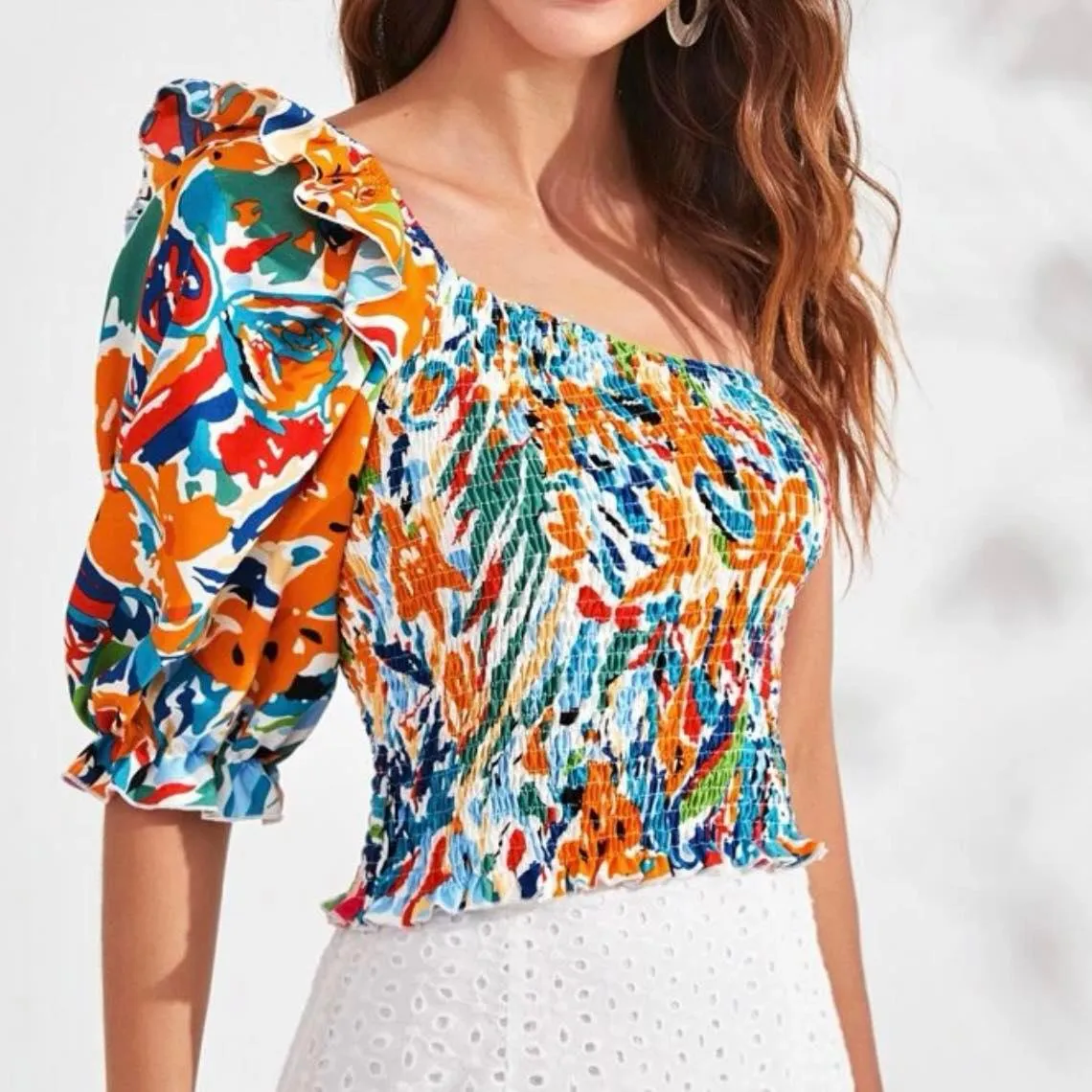 AMIHAN Printed Smocked Ruffle One Shoulder Top