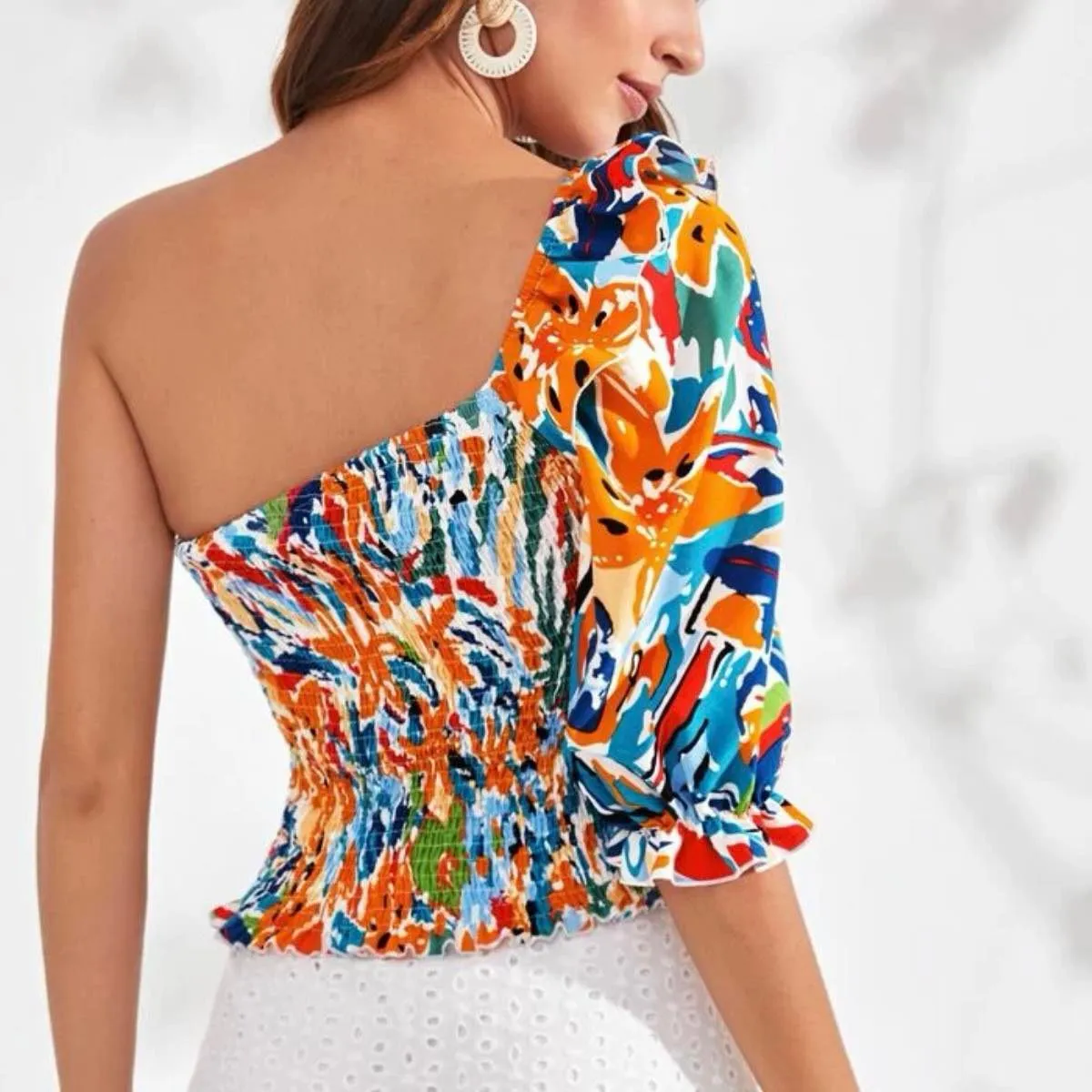 AMIHAN Printed Smocked Ruffle One Shoulder Top