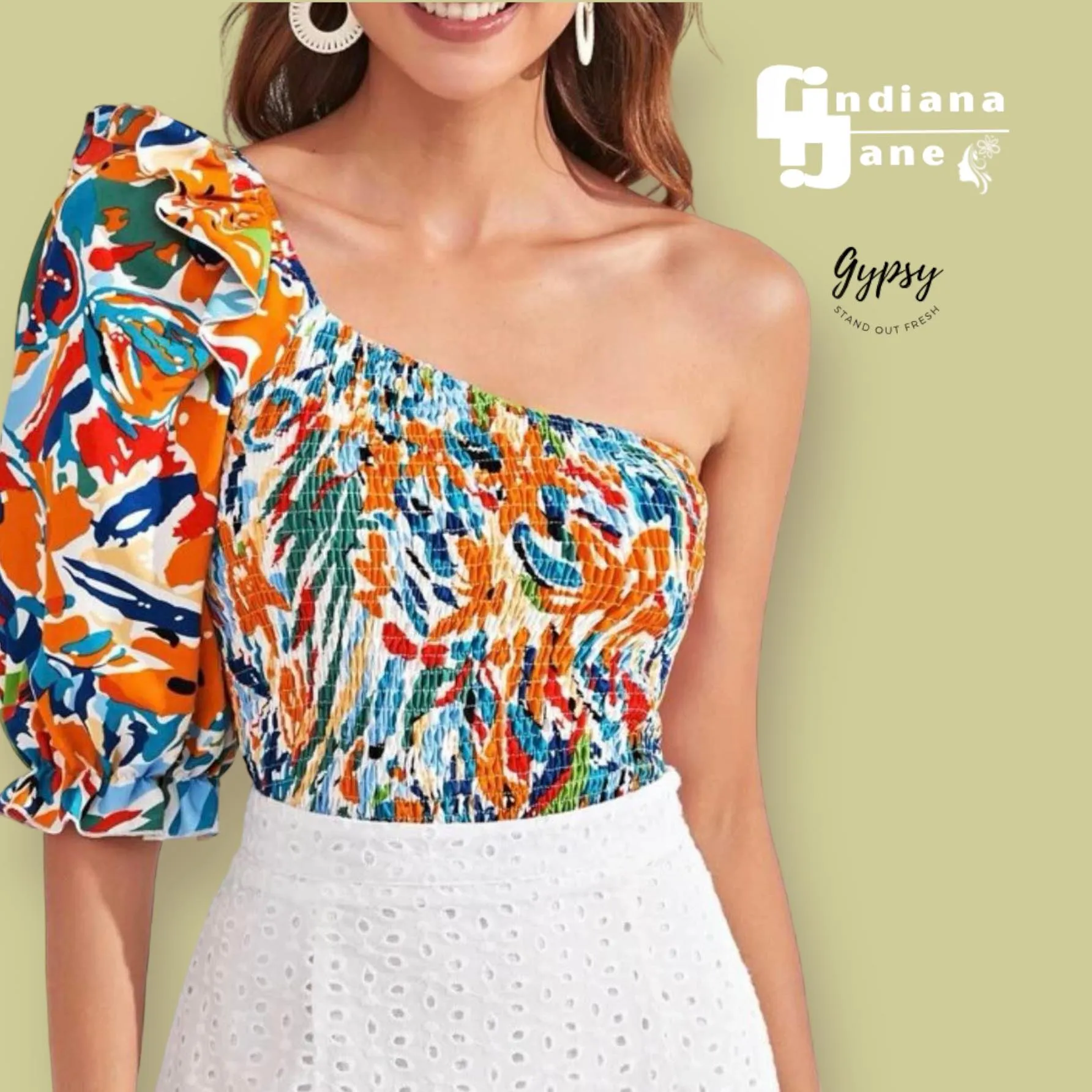 AMIHAN Printed Smocked Ruffle One Shoulder Top