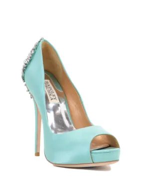 BADGLEY MISCHKA Womens Teal 1 Platform Embellished Padded Kiara Peep Toe Stiletto Slip On Leather Dress Pumps Shoes M