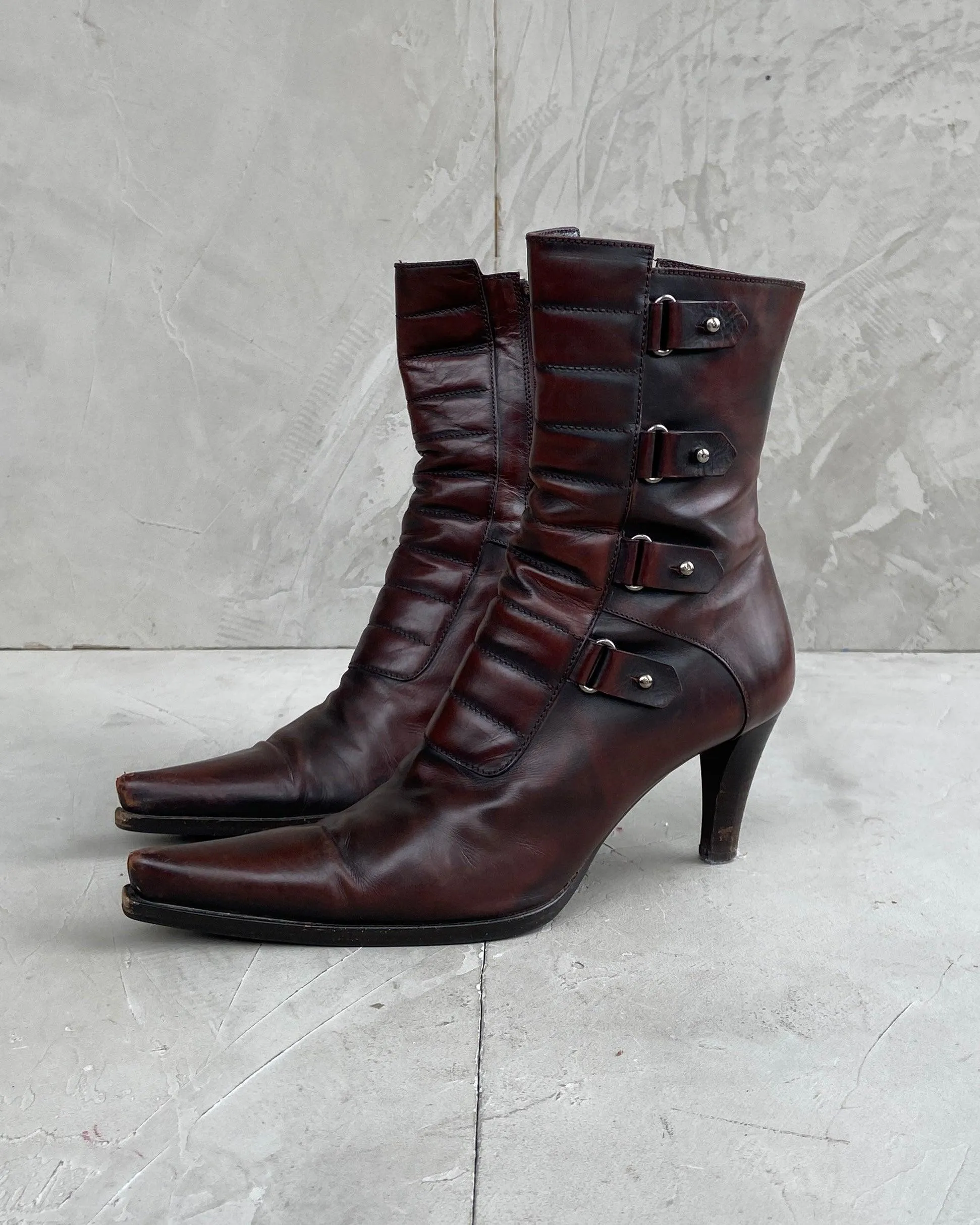 BALENCIAGA 1990'S BUCKLE LEATHER HEELED BOOTS - EU 36 / UK 3