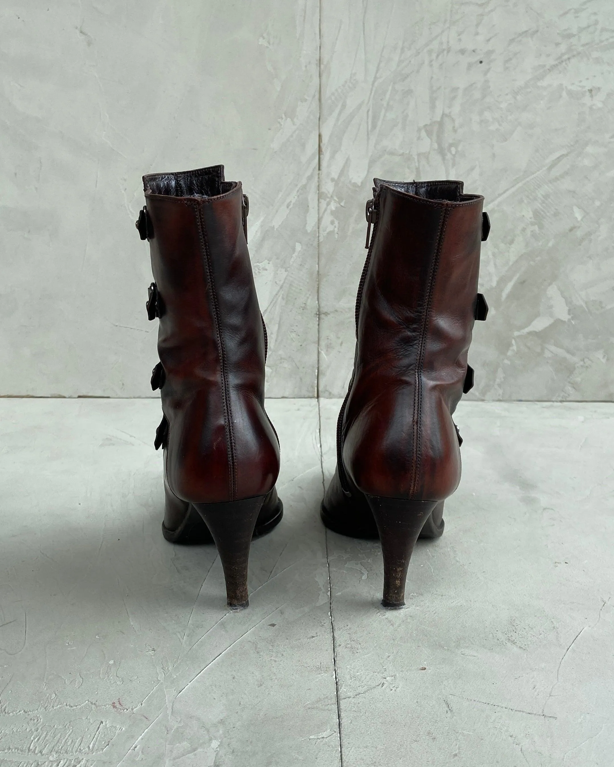 BALENCIAGA 1990'S BUCKLE LEATHER HEELED BOOTS - EU 36 / UK 3