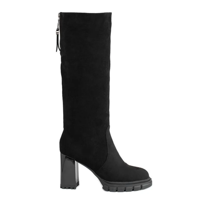 Black suede high-heeled boots