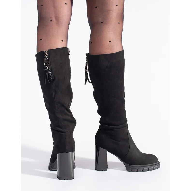 Black suede high-heeled boots