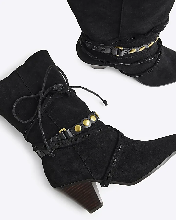 Black Suede Western Heeled Boots