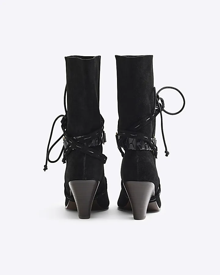 Black Suede Western Heeled Boots