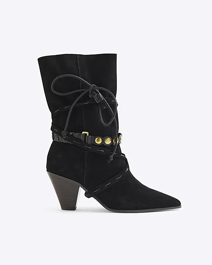 Black Suede Western Heeled Boots