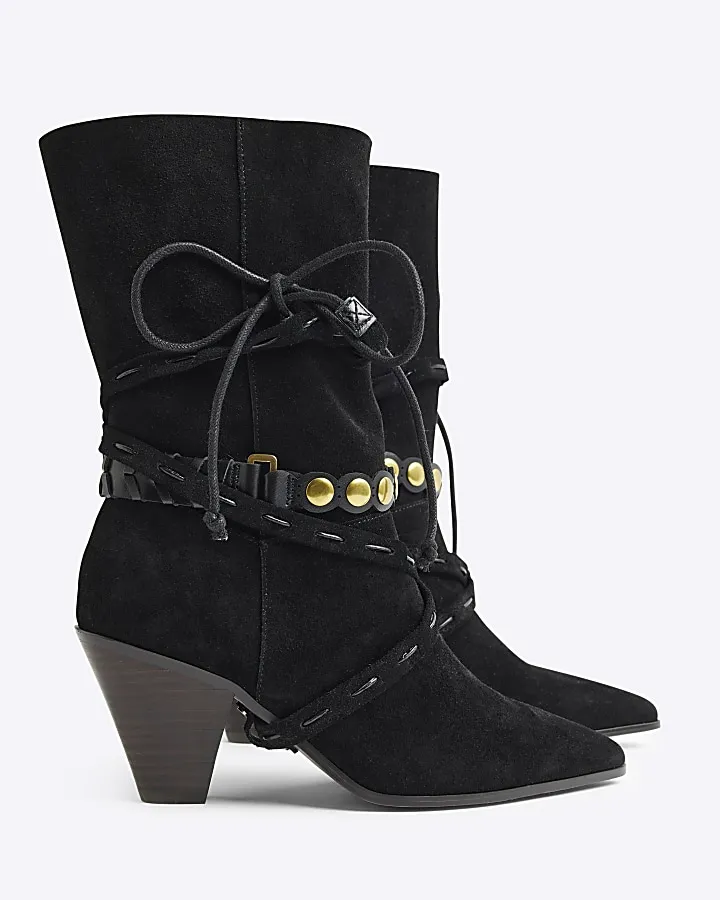 Black Suede Western Heeled Boots