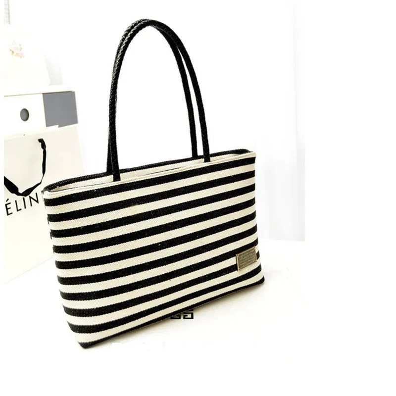 BlackWhite Women Bag Shoulder Bags Women Messenger Stripe Canvas Zipper Vintage All-Match Hbag