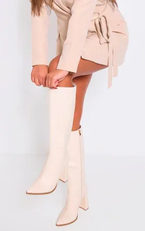 Boots | Cream Pu Point Toe Knee High Block Heeled Boots | PrettyLittleThing