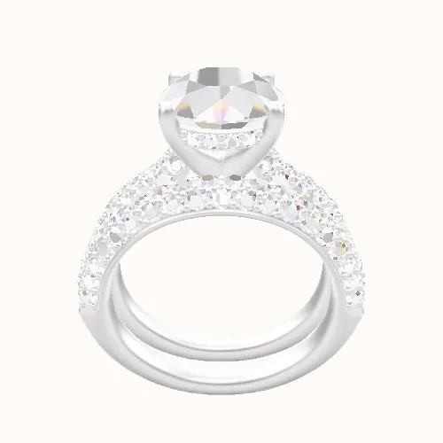 Cathedral Three Row Pave Engagement Ring With V Prong with Hidden Halo Head and Matching Band