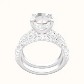 Cathedral Three Row Pave Engagement Ring With V Prong with Hidden Halo Head and Matching Band