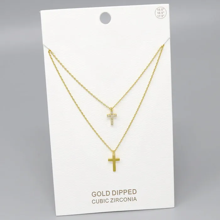 Cross CZ Pave Pendant Gold Dipped Layered Chain Necklace