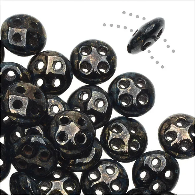 CzechMates Glass, 4-Hole QuadraLentil Beads 6mm, Jet Bronze Picasso (2.5 Tube)