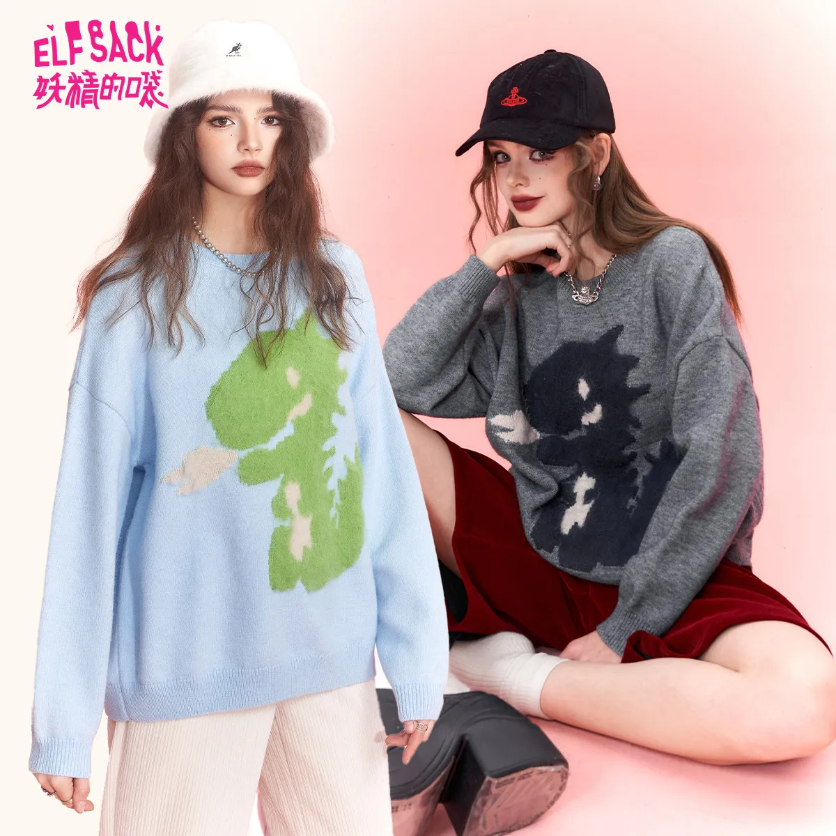 ELF SACK  |Crew Neck Casual Style Blended Fabrics Street Style