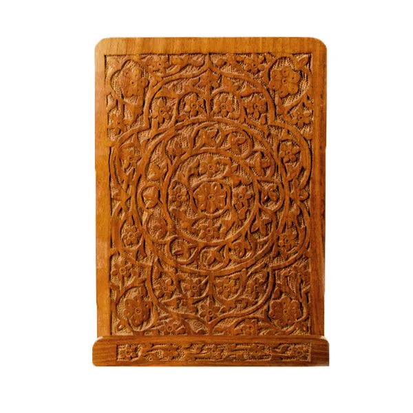 Folding Rosewood Tablet and Book Easel With Intricate Carved Mandala Cutwork