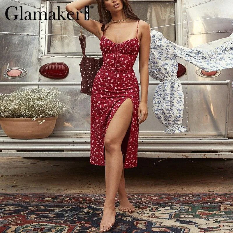 Glamaker Floral Print Sexy Bodycon High Split Dress