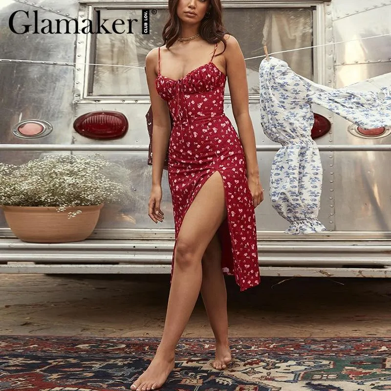 Glamaker Floral Print Sexy Bodycon High Split Dress