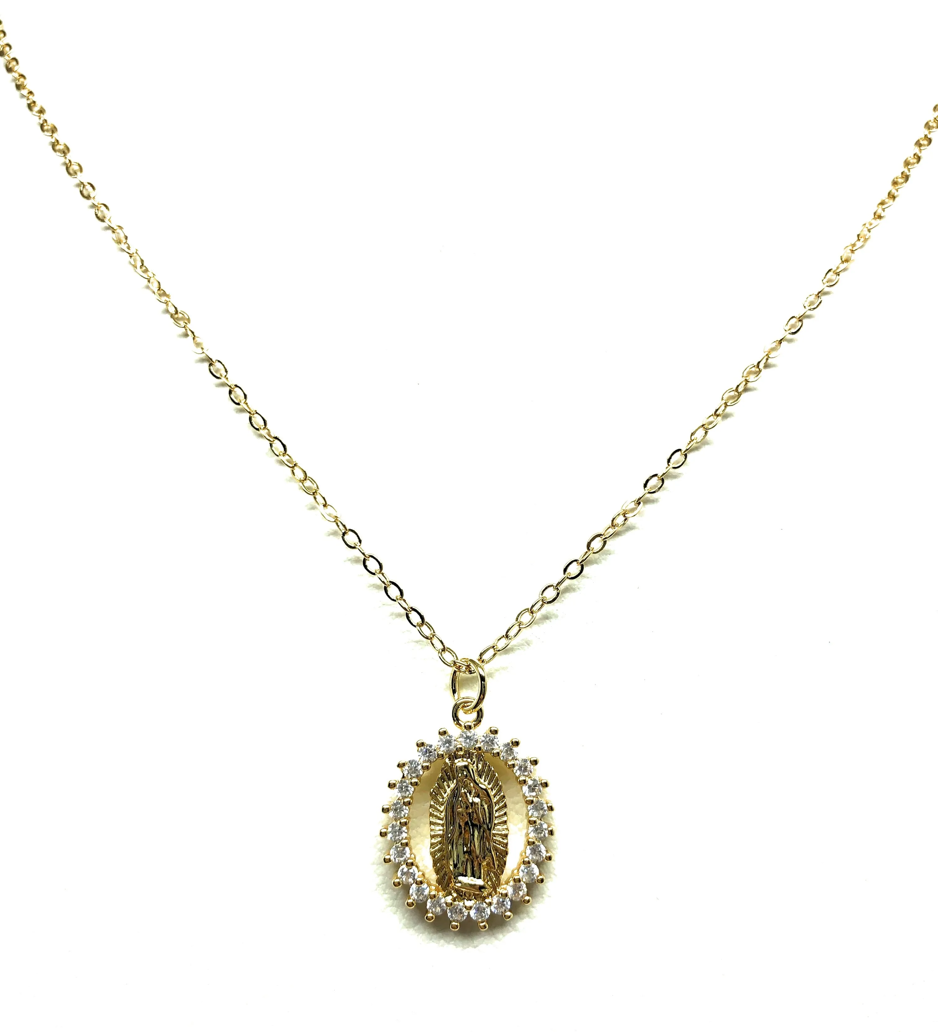 Gold Plated Virgin Mary Small Pendant Necklace CZ 20” Virgen de Guadalupe