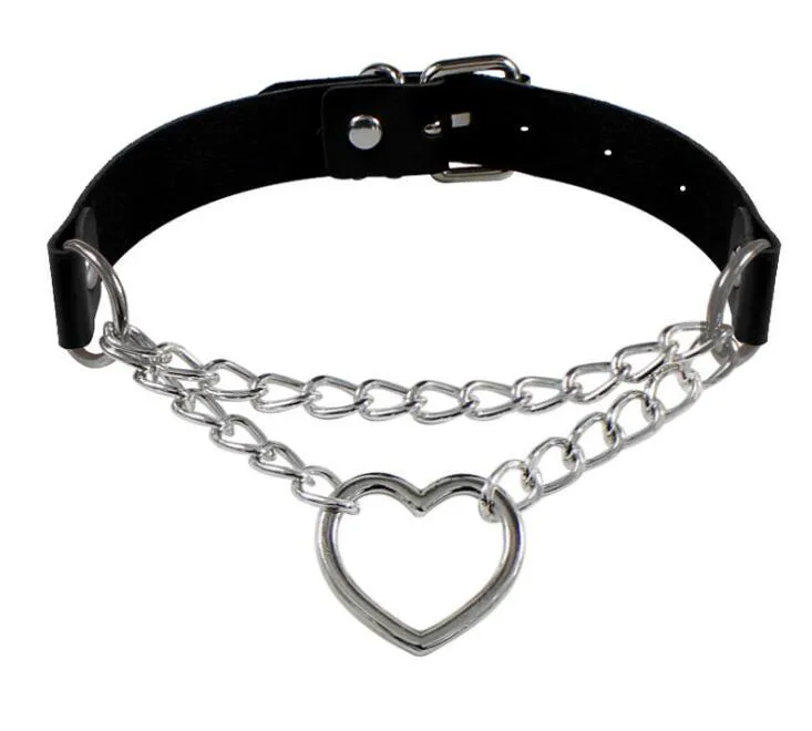 Gothic Leather Collar Choker Metal Chain