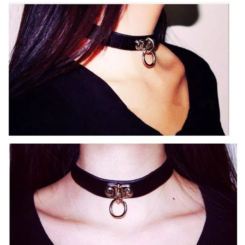 Gothic Leather Collar Choker Metal Chain