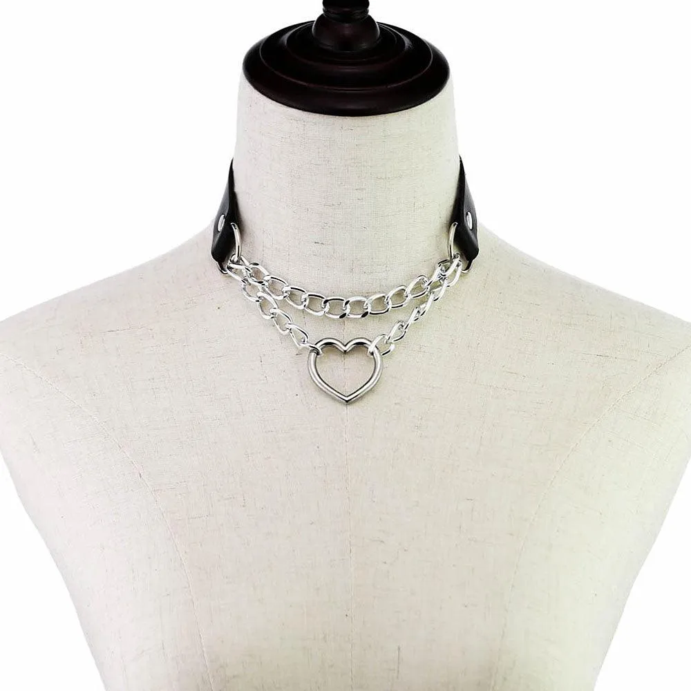 Gothic Leather Collar Choker Metal Chain