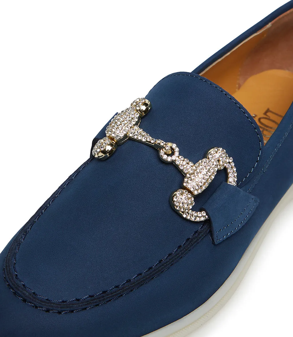 Jewel-buckle blue nubuck leather loafers