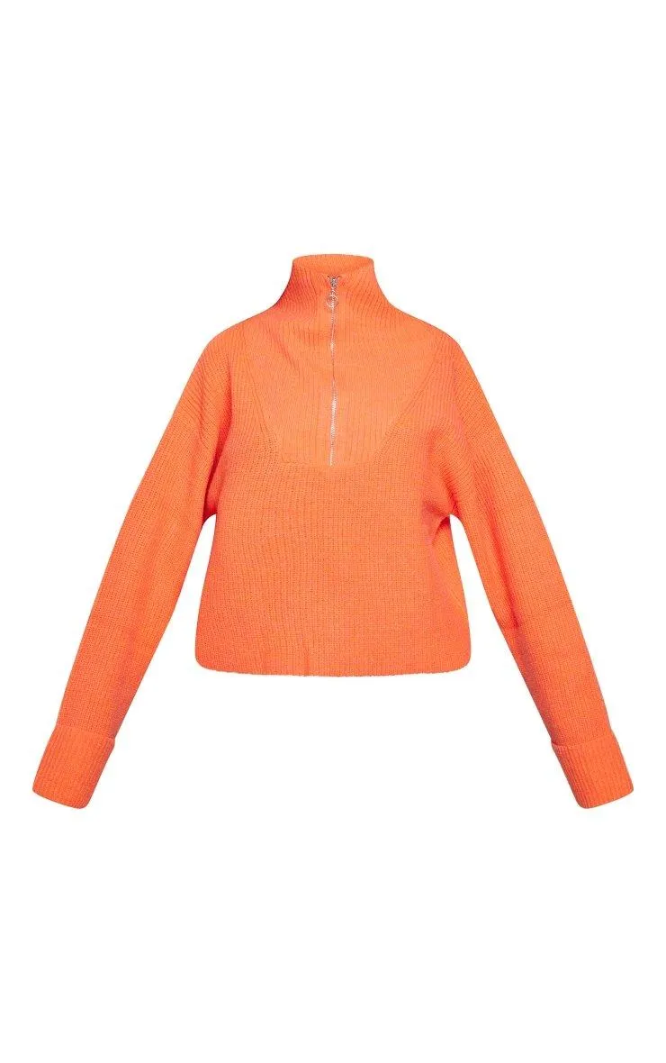 Jumpers & Cardigans | Bright Orange Marl Chunky Knit Half Zip Jumper | PrettyLittleThing