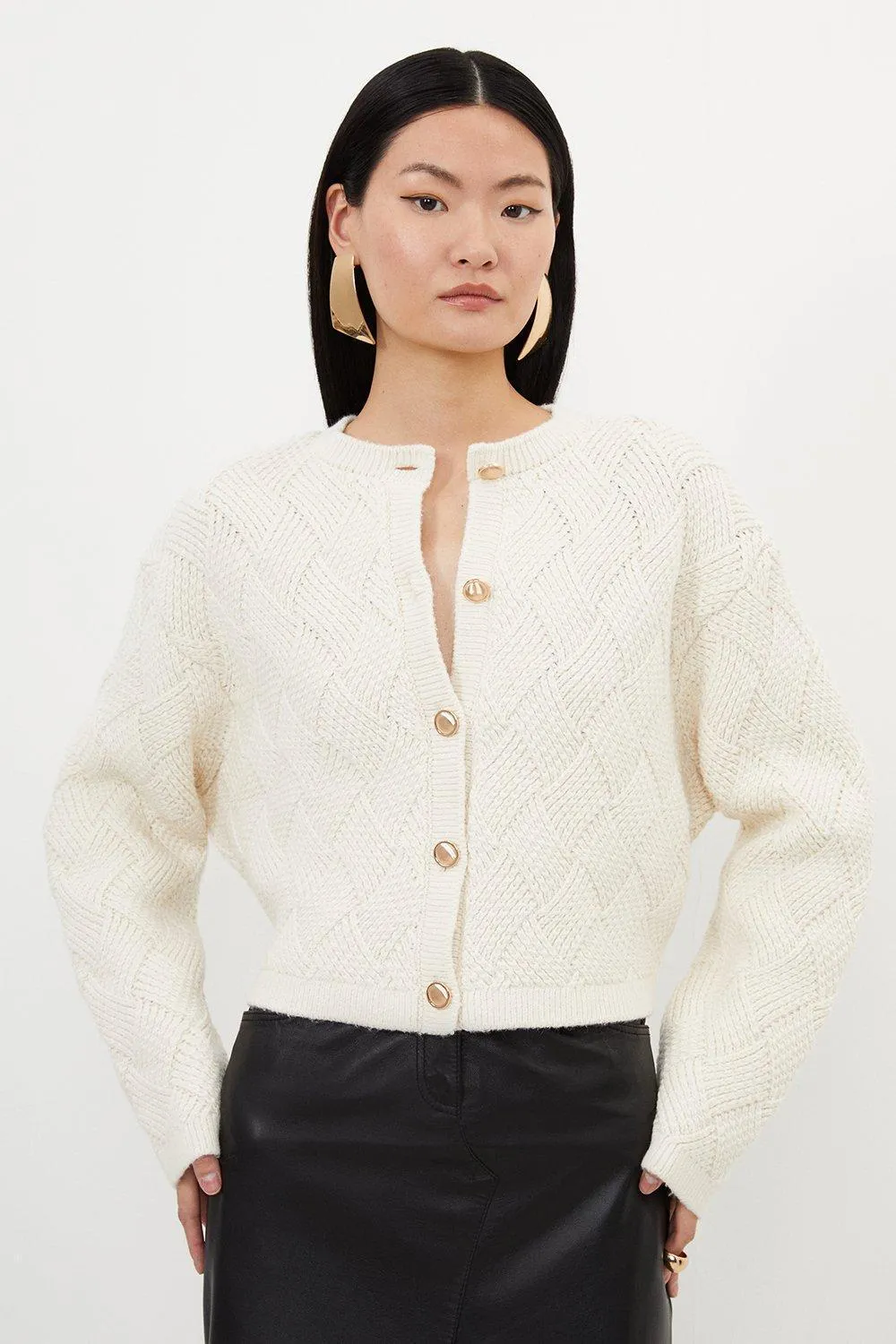 Karen Millen  |Casual Style Wool Long Sleeves Cotton Front Button Cardigans