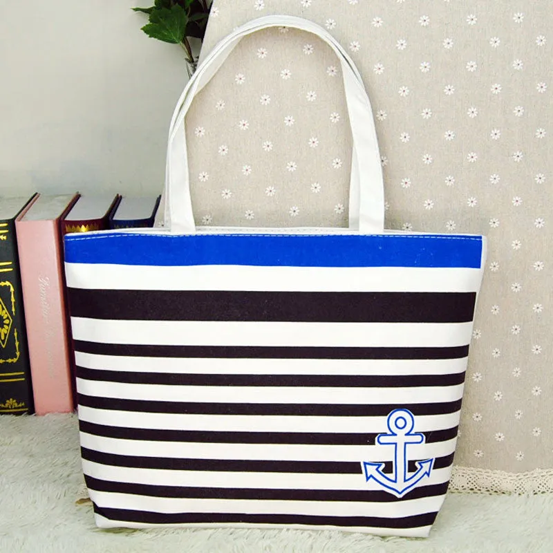 Large-capacity Portable Women's hbags Durable Canvas Blue Anchor Pattern Shopping Shoulder Bags Satchel Beach Bolsa Feminina