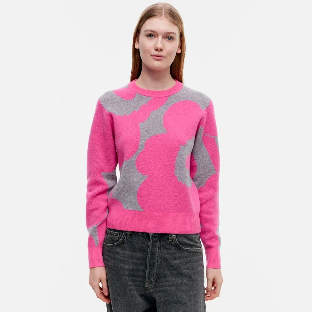 marimekko  |Crew Neck Flower Patterns Casual Style Wool Nylon Rib