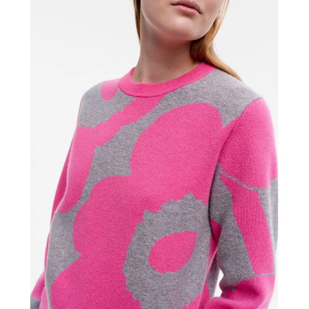 marimekko  |Crew Neck Flower Patterns Casual Style Wool Nylon Rib