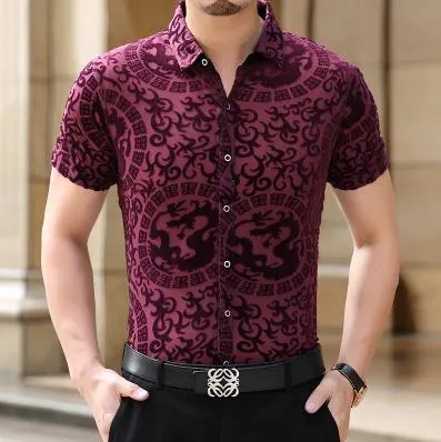 Men's Summer Casual Geometric Pattern Slim Hollow Out Short Sleeve Shirt