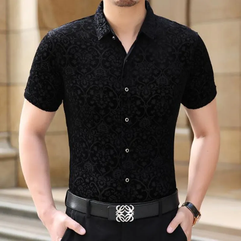 Men's Summer Casual Geometric Pattern Slim Hollow Out Short Sleeve Shirt