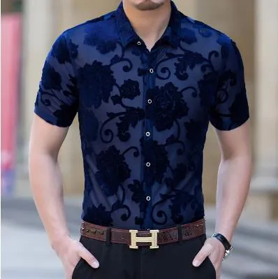 Men's Summer Casual Geometric Pattern Slim Hollow Out Short Sleeve Shirt