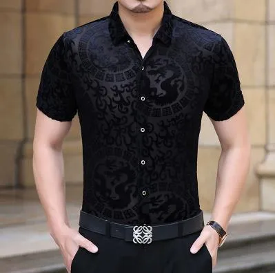 Men's Summer Casual Geometric Pattern Slim Hollow Out Short Sleeve Shirt