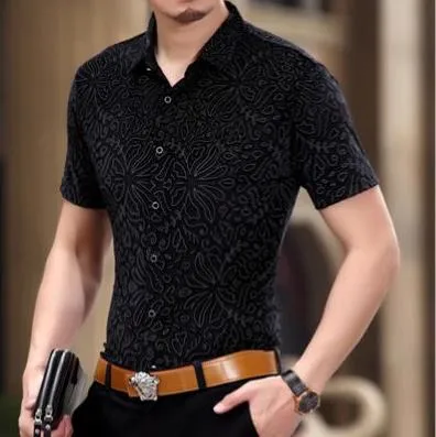 Men's Summer Casual Geometric Pattern Slim Hollow Out Short Sleeve Shirt