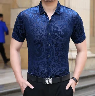 Men's Summer Casual Geometric Pattern Slim Hollow Out Short Sleeve Shirt