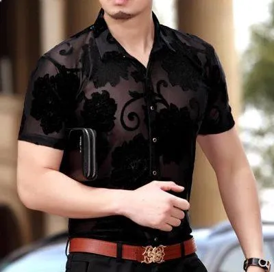 Men's Summer Casual Geometric Pattern Slim Hollow Out Short Sleeve Shirt