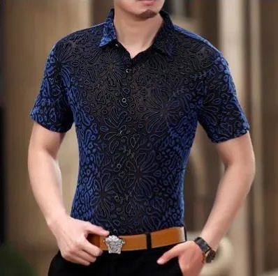 Men's Summer Casual Geometric Pattern Slim Hollow Out Short Sleeve Shirt