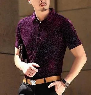 Men's Summer Casual Geometric Pattern Slim Hollow Out Short Sleeve Shirt