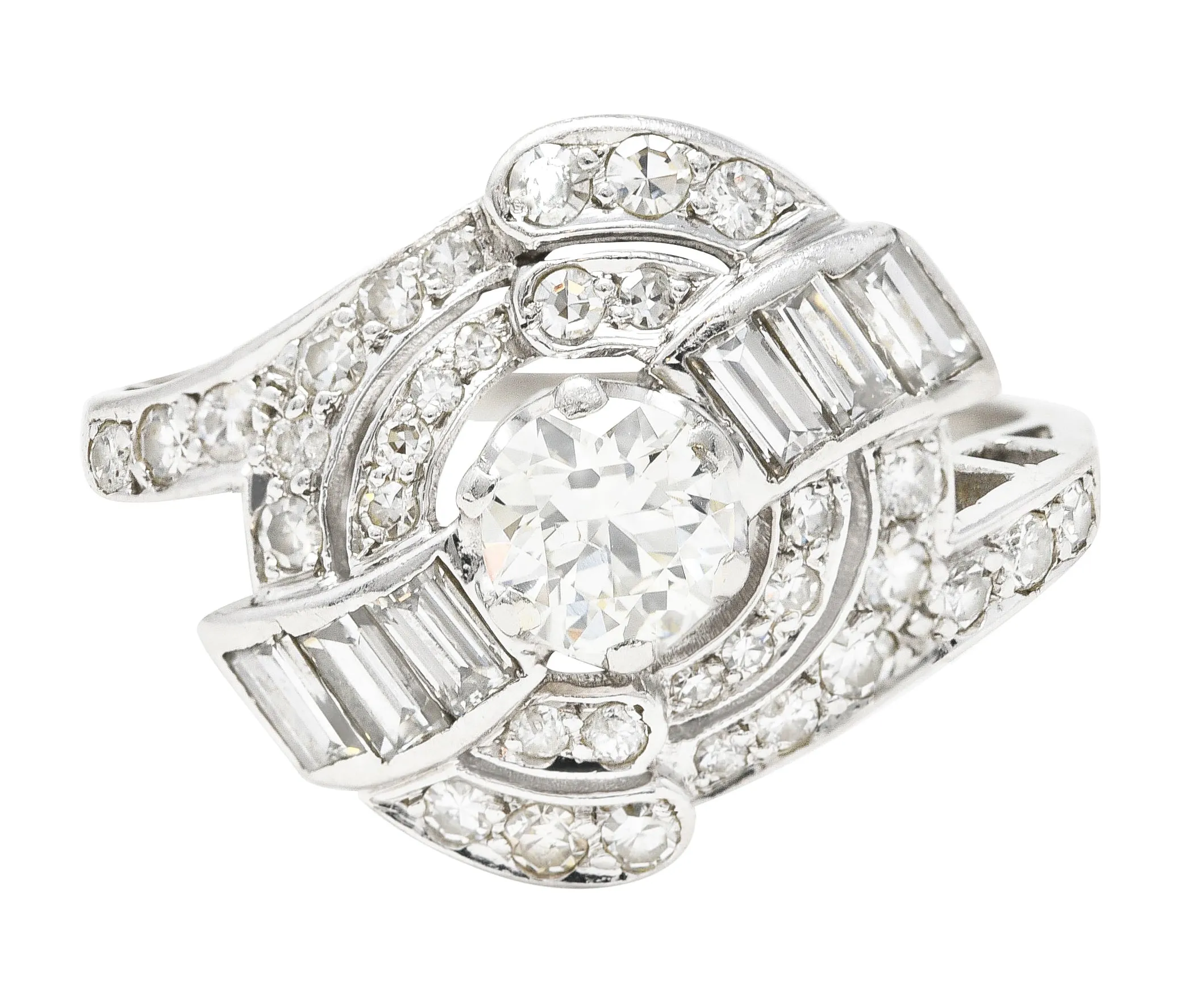 Mid-Century 1.33 CTW Old European Cut Diamond Platinum Swirl Bypass Ring
